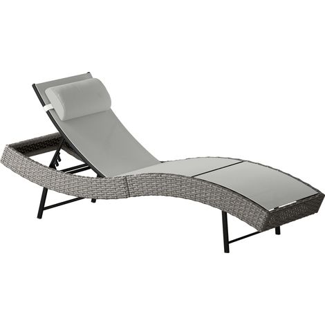 Chaise longue en résine tressé, bain de soleil avec dossier réglable 5 positions et appui-tête, 198 x 61 x 44 cm, gris