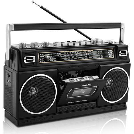 Boombox rétro années 80 avec Bluetooth et lecteur de cassettes  Radio AM/FM/SW1/SW2, son puissant avec basses (24 W), compatible USB/Micro SD, portable pour une utilisation intérieure et extérieure (1/5)