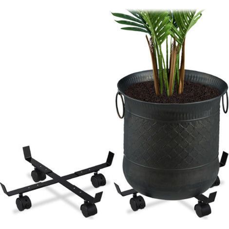 Relaxdays Pflanzenroller ausziehbar, 2er Set, innen & außen, Rolluntersetzer für Blumentopf bis 43 cm Ø, Metall, schwarz (1/5)