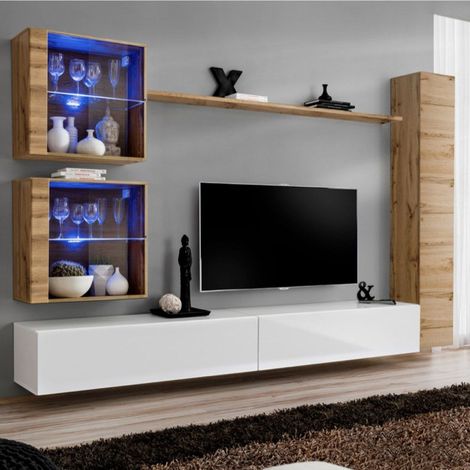 Meuble TV Mural Design "Switch XVIII" 280cm Blanc & Naturel (1/4)