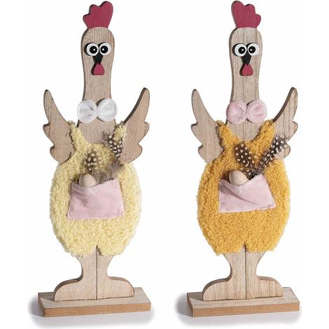 Petites poules de Pâques décoratives en bois, habit doux, nœud et poche avec œuf, lot de 4, 11 x 4,5 x H. 31 cm