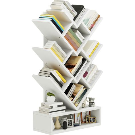 Bibliothèque en Forme d'arbre, bibliothèque à Poser au Sol avec tiroir en Bois, étagères industrielles pour Salon, Maison, Bureau, étagères Blanches (1/5)