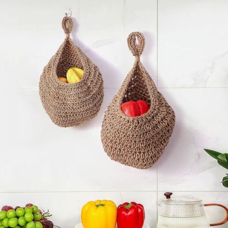 Brown fruit storage net, 2025 cm, two pieces, can be wall-mounted, hand-woven decorative kitchen net. (1/5)