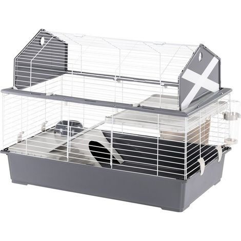 Ferplast Jaula Conejos Barn 100 - Hábitat Interactivo en 2 Niveles, Techo Abrible - Puerta y Escalera - Accesorios Incluidos, Fácil Limpieza - Eco-Sostenible - 96 x 57 x h 73 cm
