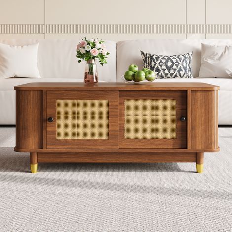 Tavolino da caffè 100x50x42 cm noce con ante scorrevoli in rattan e vano contenitore, MDF MEUBLIV (1/5)