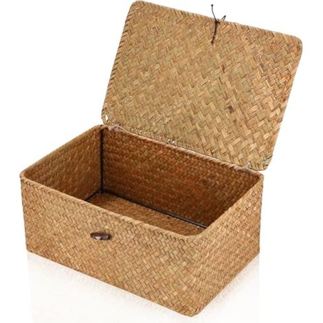 Panier de rangement rectangulaire en osier et rotin avec couvercle, 29 x 19 x 12 cm (1/5)