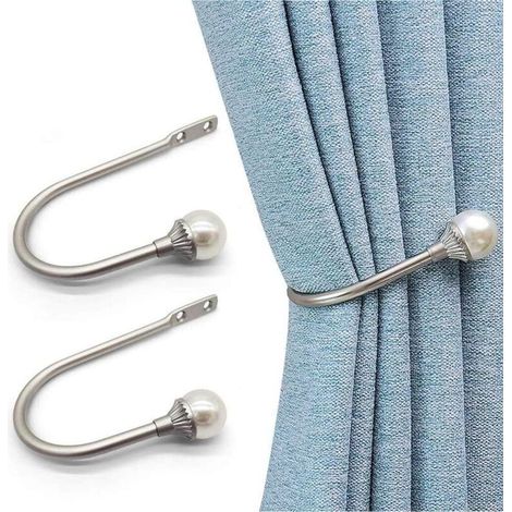 Sujetadores de cortina de 2 piezas, sujetadores de perlas resistentes, ganchos de cortina de metal estilo U, decoración plateada para dormitorio - Crezuo