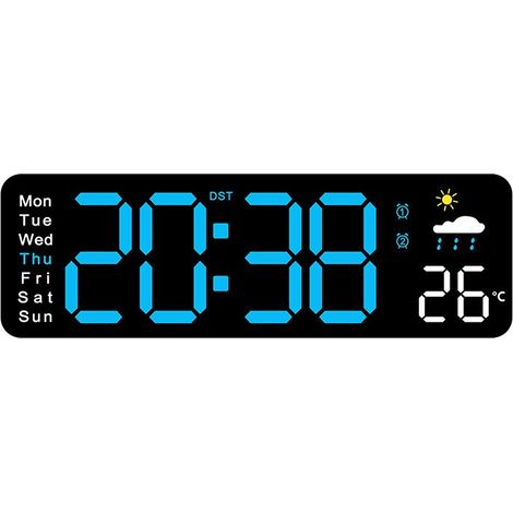 Horloge murale numérique LED avec thermomètre, calendrier, alarme, minuteur, moderne et minimaliste, décoratif - Coque noire lumière bleue (1/5)