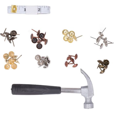 Polsternägel, 822 Stück, 8 Farben, Kohlenstoffstahl, dekorative Möbelnägel, Hammer, Stofflineal und Ständer inklusive (1/5)