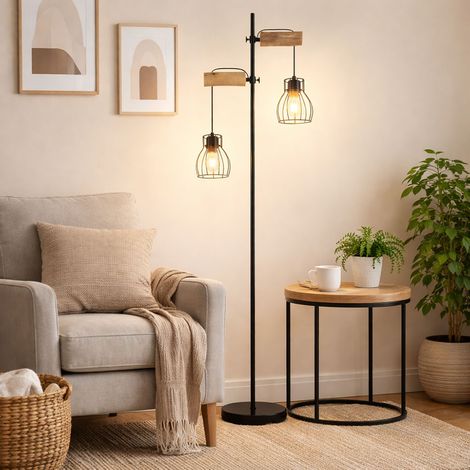 Stehlampe Standleuchte Wohnzimmerlampe Holzlampe Flurlampe Deckenfluter, Metall schwarz natur, 2x E27 Fassungen, LxBxH 7x25x168 cm