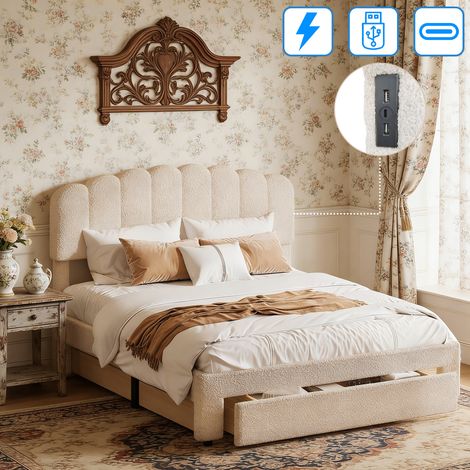 Lit double 160x200cm avec grand tiroir - ports USB et type C - Lit capitonné avec tête de lit réglable en hauteur - Sommier à lattes - Style scandinave - Tissu teddy (1/5)