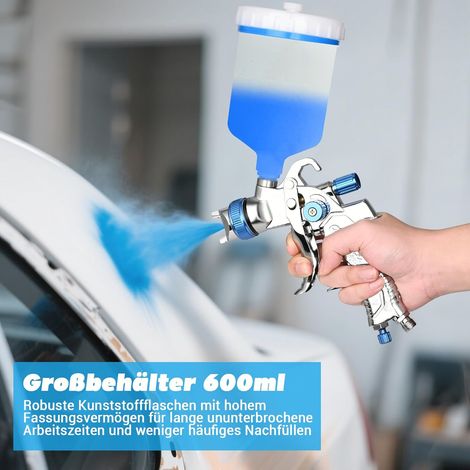 Kit pistola a spruzzo per vernice HVLP con 3 ugelli (1,4/1,7/2,0 mm) – Pistola a spruzzo per vernice professionale ad aria compressa con serbatoio in plastica da 600 ml, pressione e flusso dell'aria r (1/4)