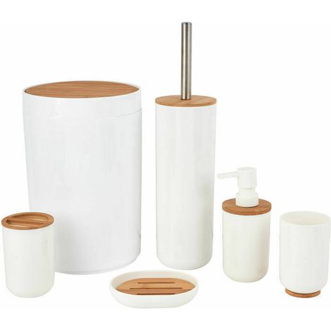 Set da Bagno in Legno Bamboo e Plastica Bianco e Naturale 6pz con Portascopino (1/5)