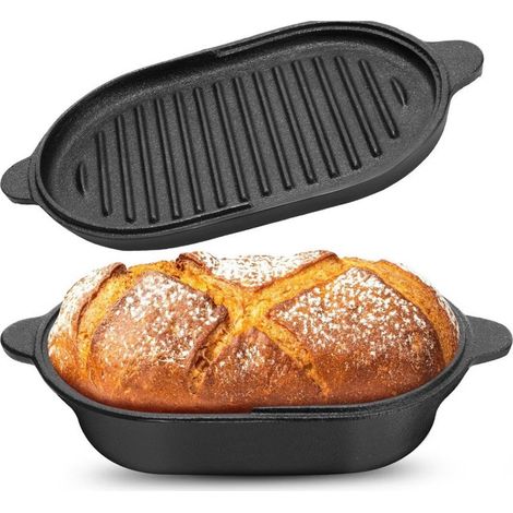 Teglia per il pane in ghisa con coperchio - in 1 - Pre-stagionata e casseruola - Set per la cottura del pane - Pentola olandese - Adatta per forno e induzione - 2  Per (1/4)