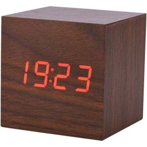 Sveglia digitale a LED con visualizzazione di data e temperatura, 3 allarmi, 4 livelli di luminosità, alimentazione a batteria o tramite USB [Legno marrone, luce rossa]