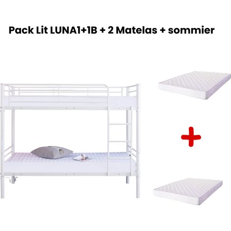 Pack : Lit superposé + Matelas compris Séparable métal LUNA 1+1 90x190 cm sommier inclus blanc (1/5)