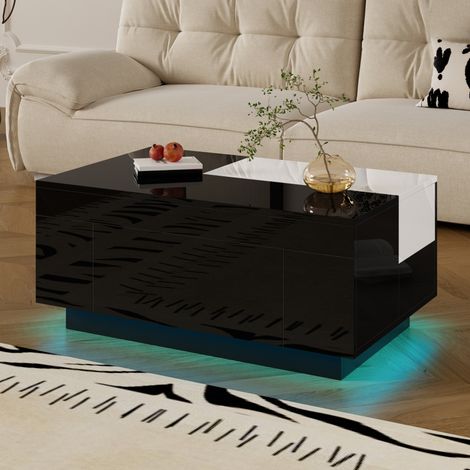 Couchtisch MDF Schwarz Weiß Hochglanz 80 cm mit ausziehbarer Platte, Schublade und LED