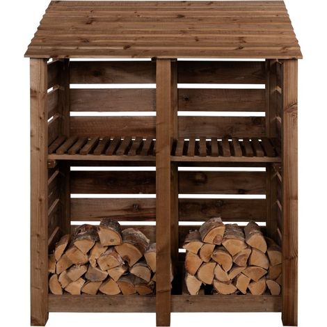 Slatted wooden log store with kindling shelf W-146cm, H-180cm, D-88cm - brown finish
