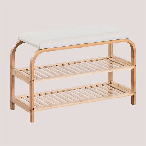 Sklum – Banc d'entrée 70 cm en bois de bambou – Assise avec coussin en polyester – 2 étagères ouvertes pour rangement chaussures – Design moderne