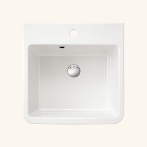 Évier buanderie céramique blanc 51x50 cm – Encastrable – 1 bac – Vidage manuel – Bonde incluse – Pour meuble sous évier 60 cm minimum – Sanindusa