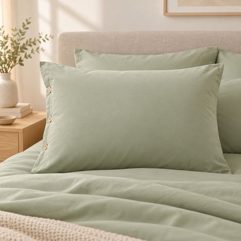 Taie d’oreiller volant plat 50 x 70 cm 100% coton Percale unie PERRINE Sauge (1/5)