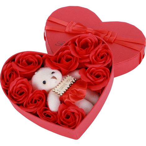 Geschenkbox mit Teddybär, künstlichen Rosen und Seifenblumen, rot, für Geburtstage und Valentinstag (1/5)