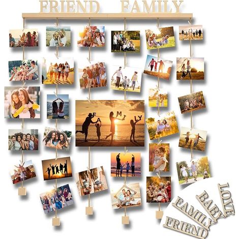 Pele Mele Wall Photo Frame Wooden Photo Holder Multi Photo Frame Home Decoration with Photo Clip and 4 Wooden Letters - Family Friend Love Baby (1/5)