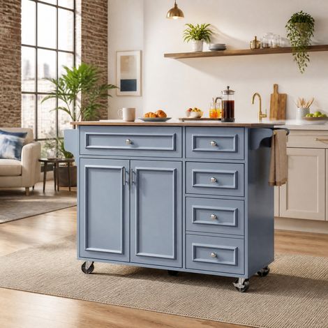DESMIU Desserte de Cuisine Rabattable avec 1 tiroir, étagères réglables et tablette latérale, pour cuisine, bleu, 110 × 45 × 92 cm (1/5)