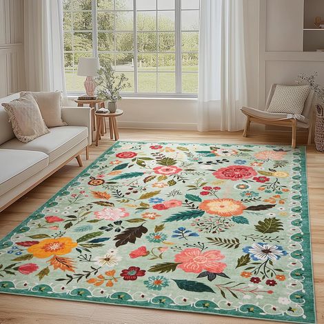 1 Tapis Motif Floral Vintage, Antidérapant Poils Courts 6mm, Lavable Machine Pour Salon Chambre Bureau, Vert 140x200cm