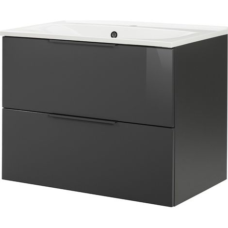 FACKELMANN LUNA Badmöbel Set 2 Teile / Gussmarmor Waschbecken / Waschbeckenunterschrank mit 2 Schubladen / Badschrank mit Soft-Close / Möbel fürs Badezimmer / Korpus & Front: Schwarz / Breite: 80 cm"- (1/5)
