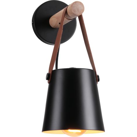 Wandleuchte Innen Schwarz, Vintage Wandlampe Holz und Metall E27 Nachttischlampe für Wohnzimmer Schlafzimmer Flur Treppenhaus