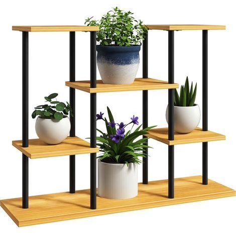 Support plantes intérieur étagère plante à 6 niveaux cadre en acier base bois massif 80 x 24 x 61,5 cm bois naturel (1/5)