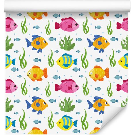 Papier peint à motifs de poissons, blanc et vert citron, pour salon et chambre, 50 x 1000 cm (1/5)