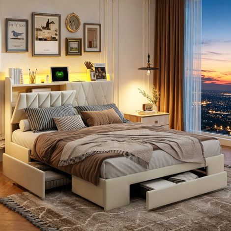Lit avec tiroirs 140x190 en velours, Tete de lit rembourré avec éclairage LED et rangement, Cadre de lit double 140x190 avec station de recharge, Beige (1/5)