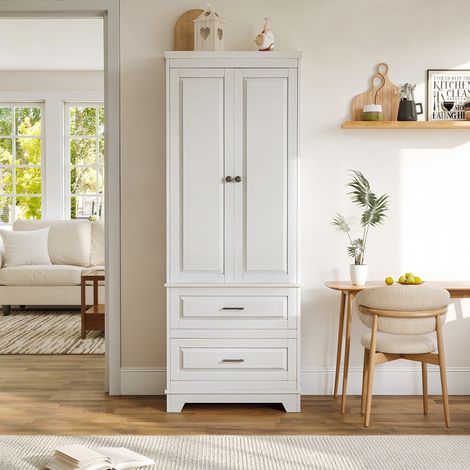 Armoire Haute Rangement 185 cm, Buffet haut Blanche - 2 Portes 2 Tiroirs avec Étagères Réglables et Anti-basculement - pour Salon Cuisine (1/5)