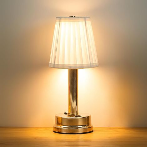 Nachttischlampe mit USB-Anschluss, 5-W-LED, 3 Farben, plissiertem Lampenschirm, goldfarbener Metallfassung, kabelloser Schreibtischlampe, geeignet fürs Schlafzimmer (1/5)