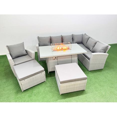 Fimous Rattan Corner Sofa Chair Set Outdoor Furniture Garden Dining Set Gas Fire Pit Table with Temper Glass 2 Big Footstools Light Grey Mixed (1/4)