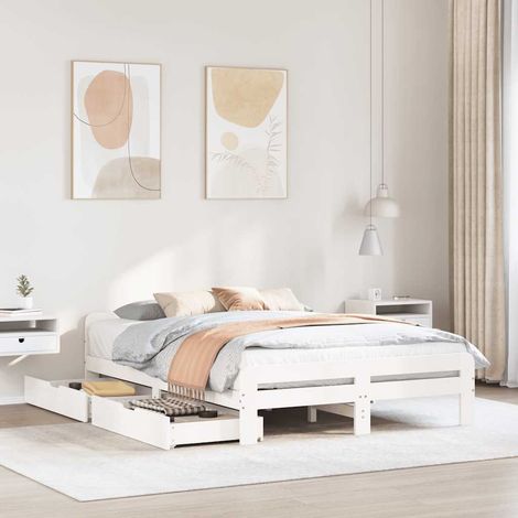 Cadre de lit avec rangement 150 x 200 cm en pin massif blanc, tête de lit - PANGIVO (1/5)