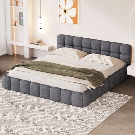 Lit double adulte 140x190 cm avec tête de lit capitonnée, revêtement en lin gris, cadre en métal, sans matelas