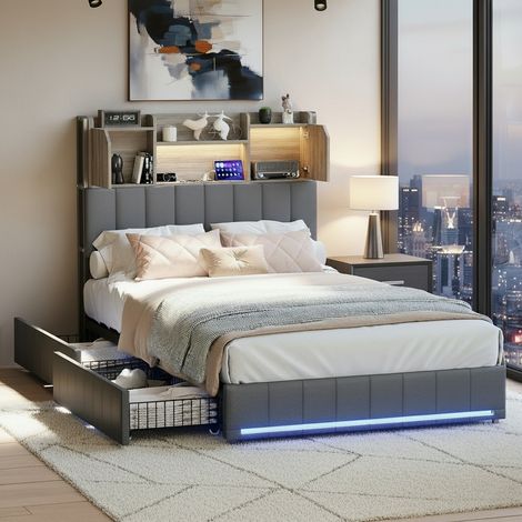 Bett 90x200 cm, Einzelbett, mit 2 Schubladen, LED, 2 Türen, Regalen, USB-A/C, Holzlattenrost, Metallrahmen, Gepolstertes Leinenbett – Grau