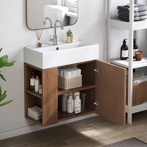 MODFU-Mueble de baño con lavabo de 55 cm, 2 estantes y 1 puerta, tocador de pared, MDF, 55×31×66,5cm, blanco + natural (1/5)