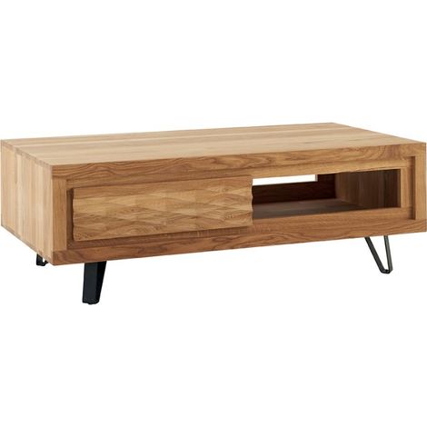 Table basse chêne massif avec tiroir rangement 120cm Wave Casita - 120x60x40 cm - Kayu Meuble (1/5)