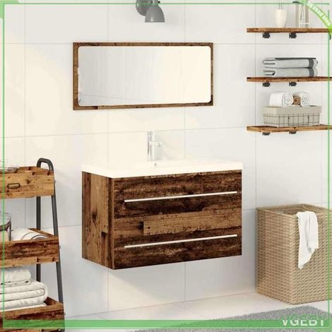 Meuble sous-vasque suspendu 80 x 38,5 x 48 cm - Bois ancien avec lavabo céramique et robinet, 1 tiroir (1/5)