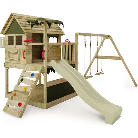 FATMOOSE Spielturm Klettergerüst TikaTaka mit Rutsche & Schaukel, Kletterturm mit Sandkasten, Leiter & Spiel-Zubehör - Salbeigrün