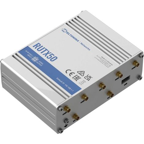 Routeur industriel 5G  RUTX50  802.11ac  867 Mbit/s  10/100/1000 Mbit/s  Ports Ethernet LAN (RJ-45) 5  Prise en charge réseau Oui  MU-MiMO Oui  5G  Type d'antenne Interne (1/4)