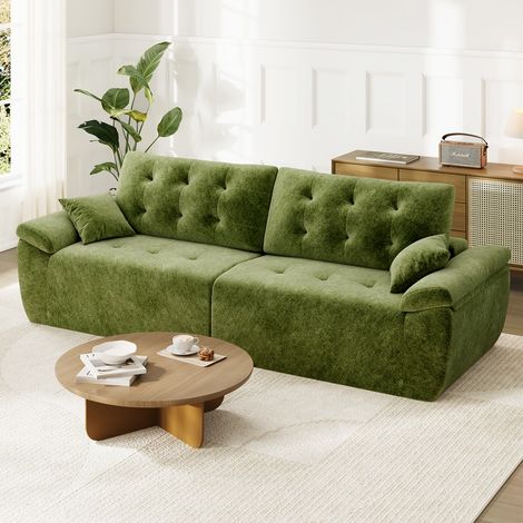 Canapé compressé modulable style nuage scandinave 275cm vert en chenille,Mousse compressée haute densité,Canapé doux pour salon (1/5)