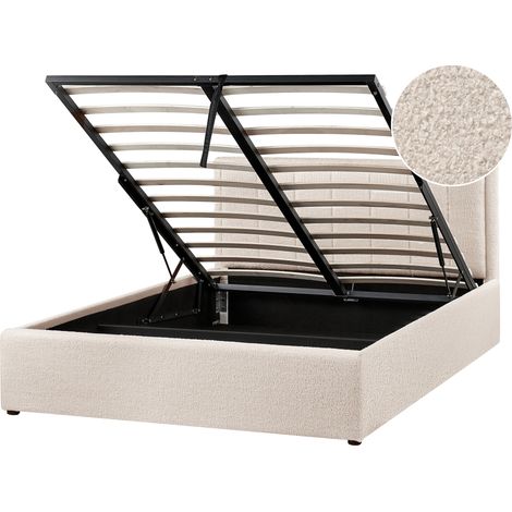 Cama con almacenaje elevable tapizada de bouclé beige 140 x 200 cm Montlaur