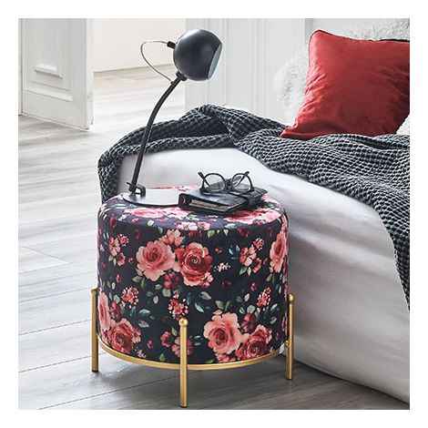 Pouf rond 48x40 cm en velours noir et motif rose