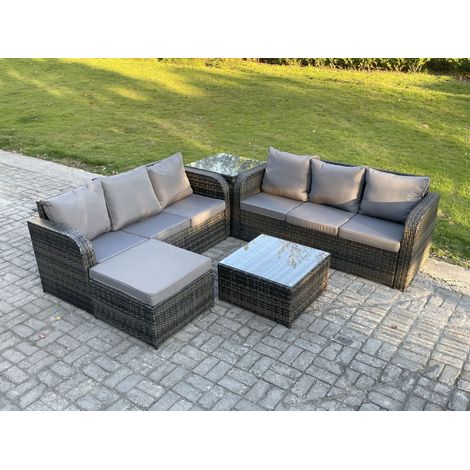 Fimous Indoor Outdoor Rattan Garden Furniture 7 Seater Set Table Sofa Chair Patio Conservatory with Grey Cushions Big Footstool Side Table (1/5)