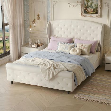 Lit Adulte Double 140x200 cm scandinave en velours teddy - Sommier à Lattes, Tête de Lit Capitonné - Blanc Crème (1/5)